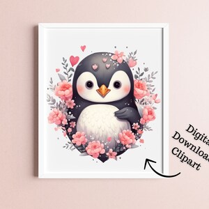 Niedlicher Kawaii Pinguin Printable - Kawaii Pinguin Rosa Blumen - Download - Kawaii Pinguin Clipart - Kommerzielle Nutzung