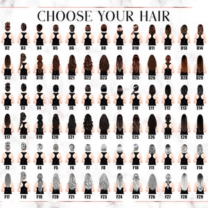 May include: A chart with 30 different hairstyles for women. Each hairstyle is numbered and labeled with a letter and number, such as D1, E2, and F3. The hairstyles are all different styles, including braids, buns, ponytails, and straight hair.
