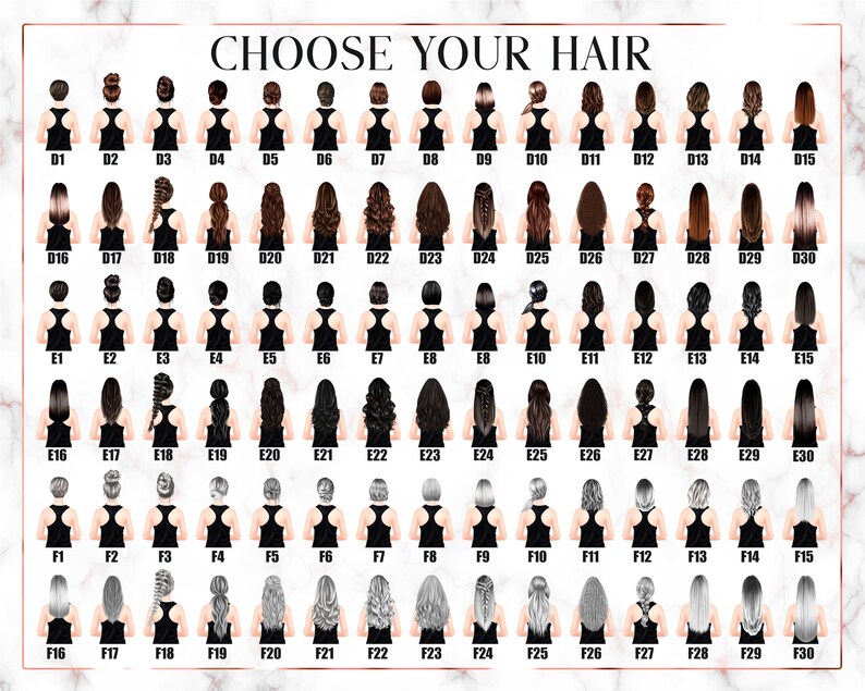 May include: A chart with 30 different hairstyles for women. Each hairstyle is numbered and labeled with a letter and number, such as D1, E2, and F3. The hairstyles are all different styles, including braids, buns, ponytails, and straight hair.