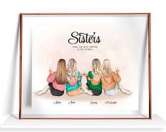 Regalo de 4 hermanas, regalo personalizado para cuatro hermanas, regalo de cumpleaños de hermana a hermanas, impresión personalizada, retrato de 4 hermanas