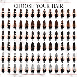 May include: A chart with 30 different hairstyles for women. Each hairstyle is numbered and labeled with a letter and number, such as D1, E2, and F3. The hairstyles are all different styles, including braids, buns, ponytails, and straight hair.