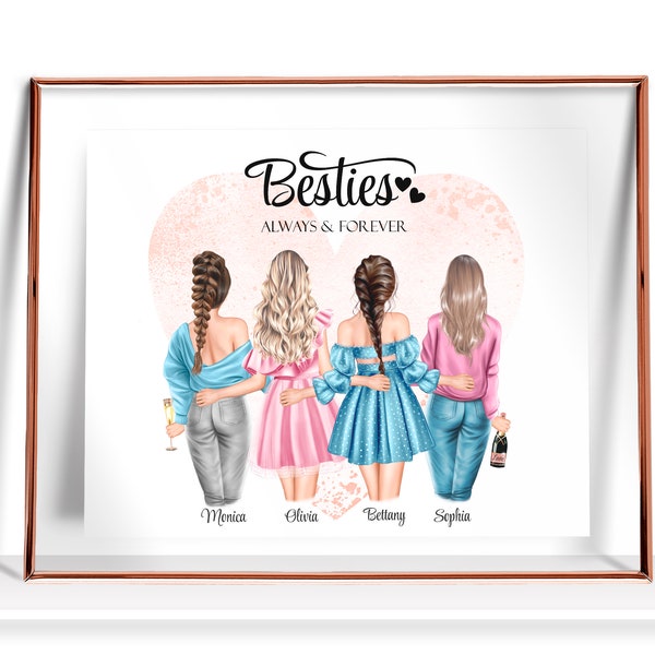 4 Besties Gift Four Best Friends print Friendship Picture Four Besties Drawing 4 Best Friends Painting Four Friends Illustration Custom Gift