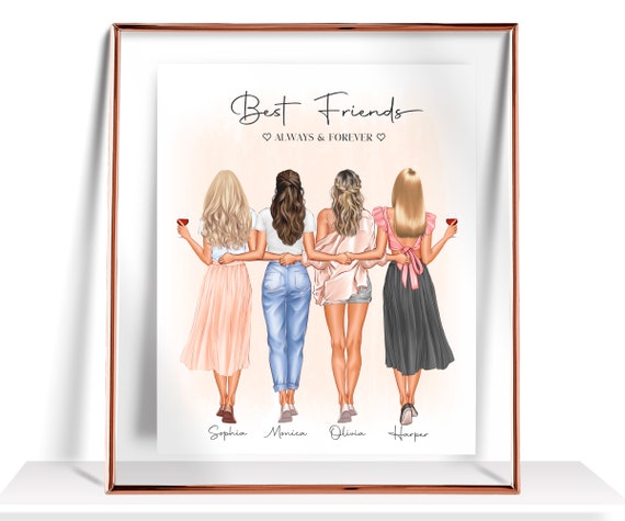4 Best Friends Print Four Best Friends Gift 4 Friends Painting Four Friends  Poster Best Friends Portrait Besties Wall Art BFF Illustration 