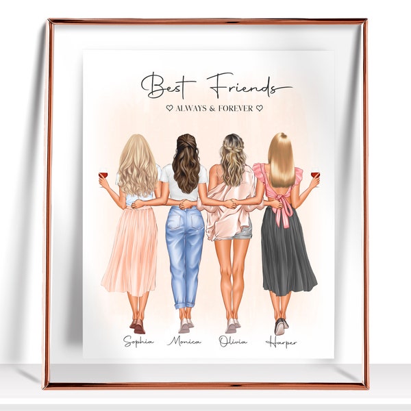 4 Best Friends Print Four Best Friends Gift 4 Friends Painting Four Friends Poster Best Friends Portrait Besties Wall Art BFF Illustration