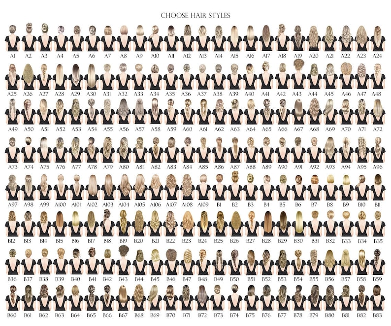 May include: A chart with 83 different hairstyles for women, labeled with letters and numbers. The hairstyles are drawn in a cartoon style and are all facing the same direction.