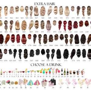 May include: A chart with illustrations of different hairstyles for women. The chart is labeled "Extra Hair". Below the chart is a section labeled "Choose a Drink" with illustrations of various drinks and a few other items.