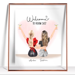 May include: Illustration of two women with blonde hair, wearing casual outfits, holding up martini glasses. The text "Welcome to Room 302" is above them. The names "Amber" and "Sophia" are written below them.
