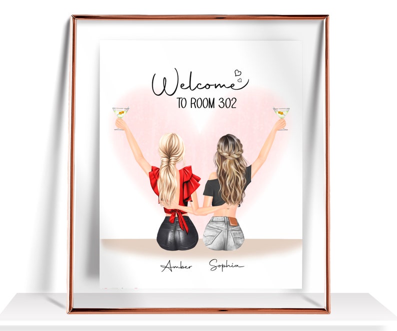 May include: Illustration of two women with blonde hair, wearing casual outfits, holding up martini glasses. The text "Welcome to Room 302" is above them. The names "Amber" and "Sophia" are written below them.