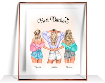 Friendship Gift 3 Best Friend Print BFF Gift Three friends Gift Bestie Gift 3 Best Friends Illustration Three Friends Gift Friendship Print