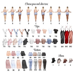 May include: A digital illustration of a customizable avatar creator with various poses, skin tones, tops, bottoms, and shoes. Choose from a variety of options to create a unique avatar.