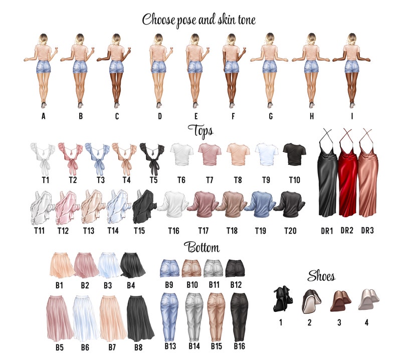 May include: A digital illustration of a customizable avatar creator with various poses, skin tones, tops, bottoms, and shoes. Choose from a variety of options to create a unique avatar.