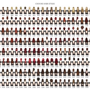 May include: A chart of 100 different hairstyles for women, with each hairstyle shown on a black silhouette of a woman's head and shoulders. The hairstyles are numbered and labeled with a letter and number combination.