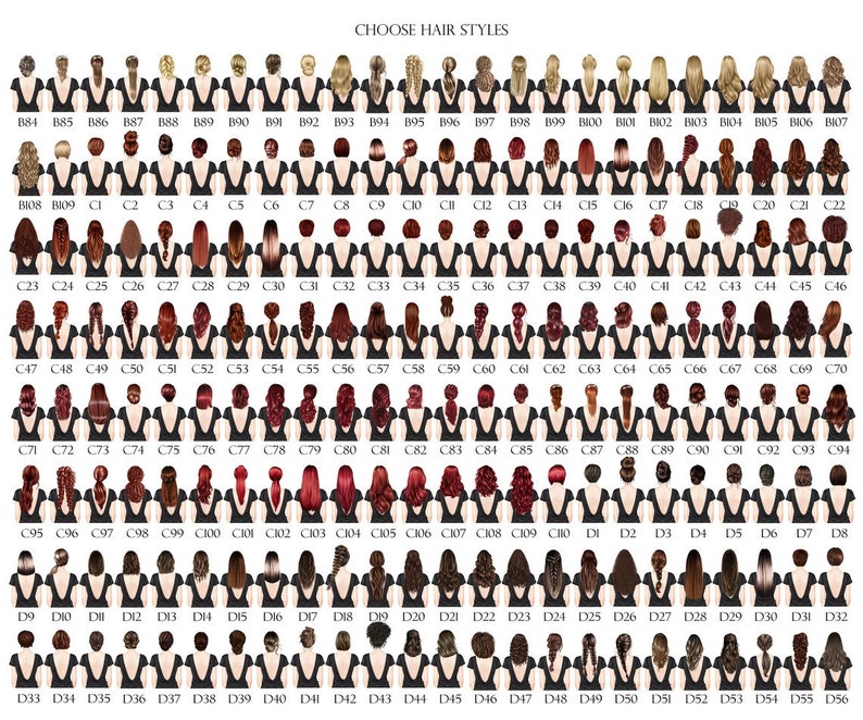 May include: A chart of 100 different hairstyles for women, with each hairstyle shown on a black silhouette of a woman's head and shoulders. The hairstyles are numbered and labeled with a letter and number combination.