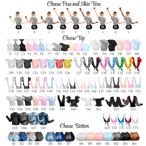 May include: A chart with various poses, skin tones, tops, and bottoms for creating a custom illustration.  Choose Pose and Skin Tone, Choose Top, Choose Bottom.
