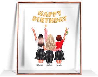 May include: A framed illustration of three women with the text "Happy Birthday" in gold balloons. The women are wearing black dresses and holding champagne glasses. The names "Monica", "Eveline", and "Jessica" are written below the women.