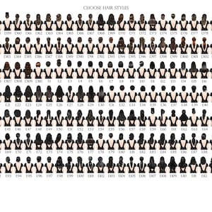 May include: A chart of 114 different hairstyles for women, numbered and labeled with a black background.
