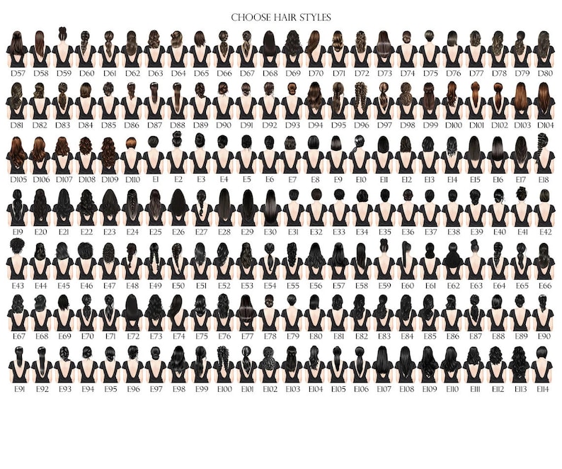 May include: A chart of 114 different hairstyles for women, numbered and labeled with a black background.