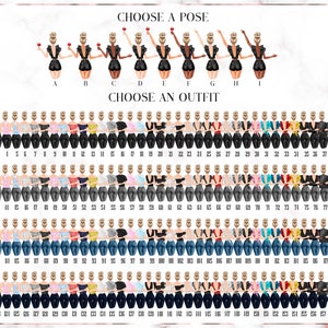 May include: A digital illustration of a woman in various poses and outfits. The illustration is divided into sections, with the top section showing different poses and the bottom section showing different outfits. The outfits include jeans, shirts, and jackets. The illustration is a design template for creating a custom avatar.