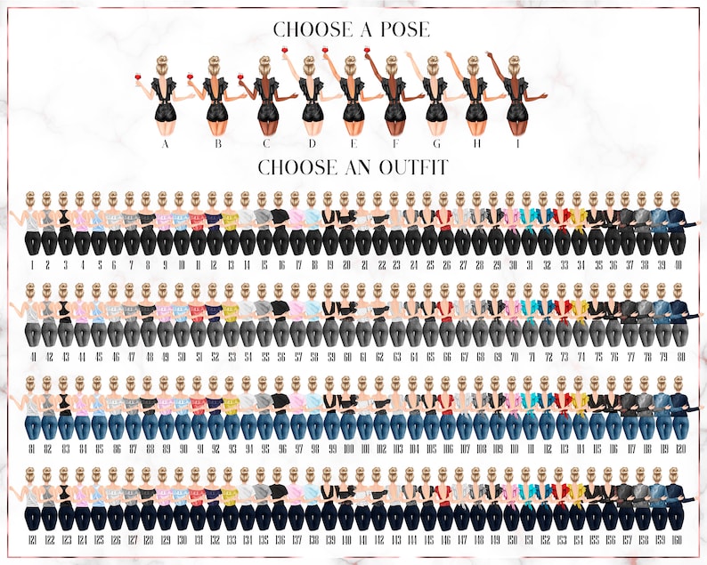 May include: A digital illustration of a woman in various poses and outfits. The illustration is divided into sections, with the top section showing different poses and the bottom section showing different outfits. The outfits include jeans, shirts, and jackets. The illustration is a design template for creating a custom avatar.