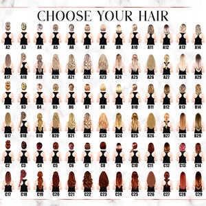 May include: A chart with 30 different hairstyles for women. Each hairstyle is labeled with a letter and number, such as A1, A2, A3, etc. The hairstyles are all different styles, including braids, buns, ponytails, and straight hair.