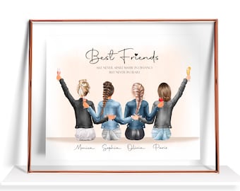 May include: A watercolor illustration of four friends with their arms around each other. The text reads "Best Friends Are Never Apart Maybe In Distance But Never In Heart". The names Monica, Sophia, Olivia, and Paris are written below the friends.