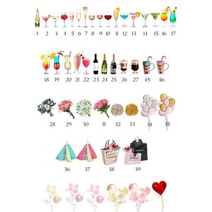 May include: A printable digital download featuring a variety of images, including drinks, flowers, balloons, and gift bags. The images are numbered 1 through 52. The text "CHOOSE A DRINK" is at the top of the page.