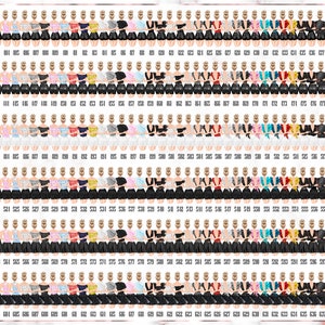 May include: A collection of 630 digital illustrations of women wearing different outfits. The illustrations are arranged in rows and columns, with each illustration numbered. The outfits include dresses, skirts, pants, tops, and jackets in a variety of colors and styles.