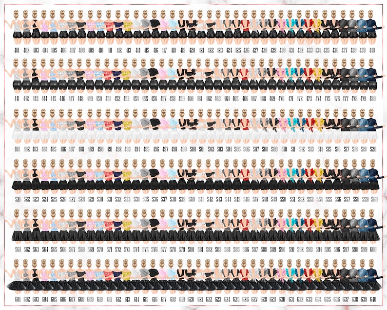 May include: A collection of 630 digital illustrations of women wearing different outfits. The illustrations are arranged in rows and columns, with each illustration numbered. The outfits include dresses, skirts, pants, tops, and jackets in a variety of colors and styles.