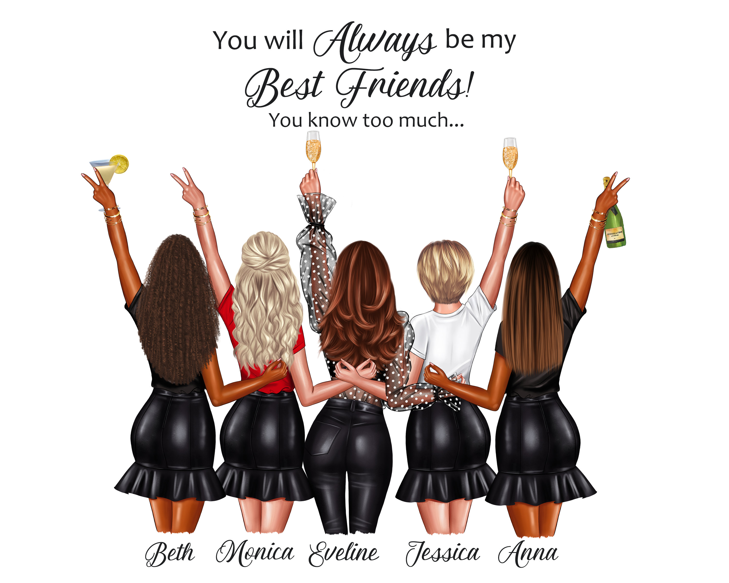 Friendship Print Best Friend Gift for Her Five Friends Gift 