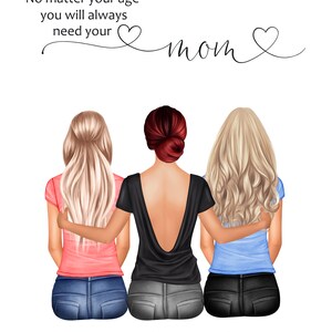 Puede incluir: Ilustraci&oacute;n de tres mujeres sentadas de espaldas con los brazos alrededor de la otra. La mujer del medio lleva una camisa negra y las mujeres a cada lado llevan camisas rosa y azul. El texto "No matter your age you will always need your mom" est&aacute; en la parte superior de la imagen.