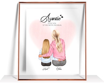 Könnte beinhalten: Ein gerahmter Druck mit einem rosa Herzhintergrund und zwei Frauen mit blonden Haaren. Der Text lautet "Auntie I love you to the moon and back". Die Namen "Nicole" und "Olivia" stehen unter den Frauen.