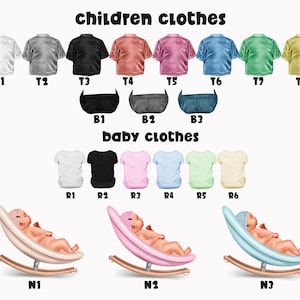 Puede incluir: Un conjunto de ocho camisetas de diferentes colores para ni&ntilde;os, un conjunto de tres bodies de beb&eacute; de diferentes colores y tres mecedoras para beb&eacute;s en rosa, beige y azul.