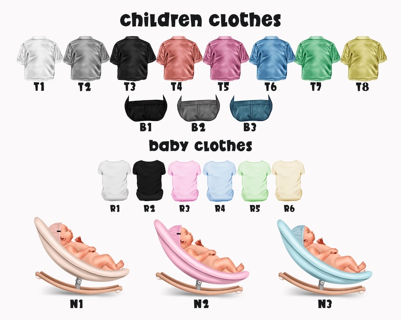 Puede incluir: Un conjunto de ocho camisetas de diferentes colores para ni&ntilde;os, un conjunto de tres bodies de beb&eacute; de diferentes colores y tres mecedoras para beb&eacute;s en rosa, beige y azul.