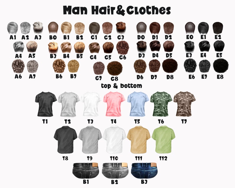 Puede incluir: Un gr&aacute;fico con diferentes estilos de cabello y opciones de ropa para hombres. El gr&aacute;fico incluye 8 estilos de cabello diferentes, 7 estilos de camisetas diferentes y 3 estilos de jeans diferentes. El texto en el gr&aacute;fico dice "Man Hair & Clothes" y "top & bottom".