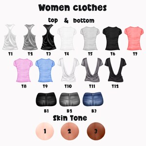 Puede incluir: Un gr&aacute;fico que muestra diferentes opciones de ropa para mujeres. El gr&aacute;fico incluye 12 tops diferentes, 3 pantalones diferentes y 3 tonos de piel diferentes. Los tops incluyen camisetas sin mangas, camisetas y camisas de manga larga. Los pantalones incluyen pantalones cortos y jeans. Los tonos de piel incluyen claro, medio y oscuro.