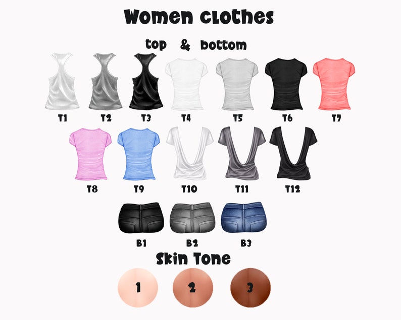 Puede incluir: Un gr&aacute;fico que muestra diferentes opciones de ropa para mujeres. El gr&aacute;fico incluye 12 tops diferentes, 3 pantalones diferentes y 3 tonos de piel diferentes. Los tops incluyen camisetas sin mangas, camisetas y camisas de manga larga. Los pantalones incluyen pantalones cortos y jeans. Los tonos de piel incluyen claro, medio y oscuro.