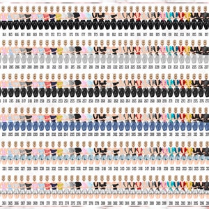 May include: A collection of 100 different outfit combinations for a female avatar. The outfits include a variety of tops, bottoms, and accessories in different colors and styles.
