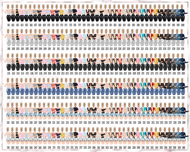 May include: A collection of 100 different outfit combinations for a female avatar. The outfits include a variety of tops, bottoms, and accessories in different colors and styles.