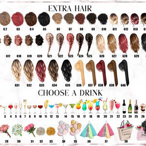 May include: A chart with a variety of hairstyles, drinks, and accessories to choose from for a personalized illustration. The chart includes numbers 1-39, with each number corresponding to a different option. The text "EXTRA HAIR" and "CHOOSE A DRINK" is also included.