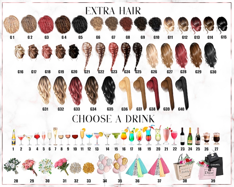 May include: A chart with a variety of hairstyles, drinks, and accessories to choose from for a personalized illustration. The chart includes numbers 1-39, with each number corresponding to a different option. The text "EXTRA HAIR" and "CHOOSE A DRINK" is also included.