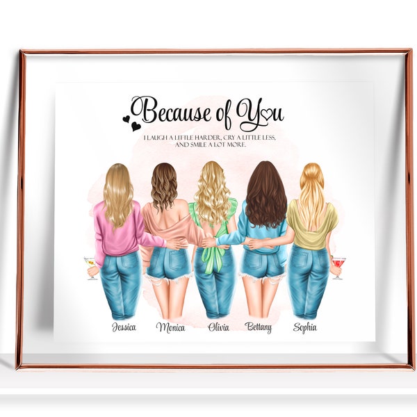 Five Best Friends gift Birthday Gifts 5 Friends Picture Best Friend Gifts Friendship print 5 Friends Portrait Personalized Gift for Her