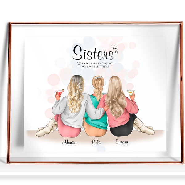 3 Sisters Print Personalized Gift For Three Sisters Gift From Sister Birthday Gift To Sisters Picture Personalised Present Sisters Portrait