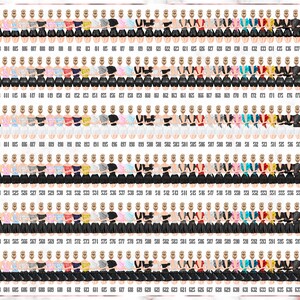 May include: A collection of 630 digital illustrations of women wearing different outfits. The illustrations are arranged in rows and columns, with each illustration numbered. The outfits include dresses, skirts, pants, tops, and jackets in a variety of colors and styles.