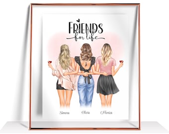 May include: A framed print with a pink background and three women standing together. The women are wearing casual outfits and holding glasses of wine. The text "FRIENDS for life" is at the top of the print. The names "Simona", "Olivia", and "Monica" are written below the women.