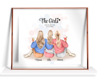 May include: A framed illustration of three women with blonde hair, sitting together with drinks in their hands. The text "The Girls" is at the top of the image, with the words "Always Better Together" below it. The names "Monica", "Ella", and "Simona" are written below the women.