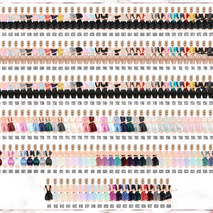 May include: A digital sheet with 160 different illustrations of women wearing various outfits. The illustrations are arranged in rows and columns, and each illustration is numbered.