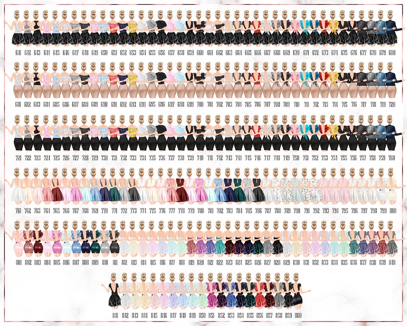 May include: A digital sheet with 160 different illustrations of women wearing various outfits. The illustrations are arranged in rows and columns, and each illustration is numbered.