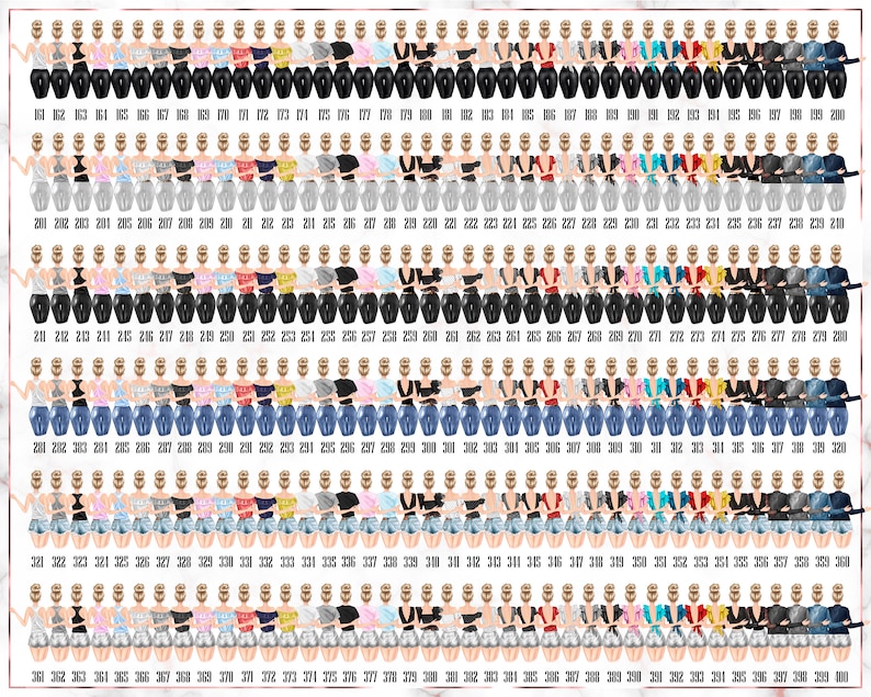May include: A collection of 100 different outfit combinations for a female avatar. The outfits include a variety of tops, bottoms, and accessories in different colors and styles.