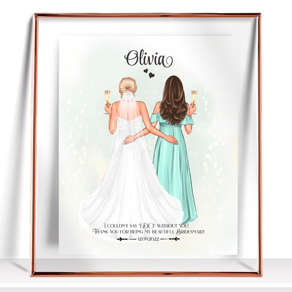 Personalized bride and bridesmaid gifts Custom wedding illustration Bridesmaid Thank you Gift  Maid of honor gift Bride and Bridesmaid Print