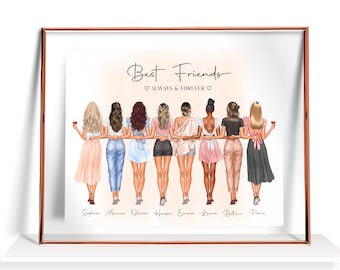 May include: A digital illustration of eight friends standing together, holding hands, with the text "Best Friends" and "Always & Forever" above them. Each friend is wearing a different outfit and has a different hairstyle. Their names are written below them: Sophia, Monica, Olivia, Harper, Emma, Laura, Brianna, and Paris.